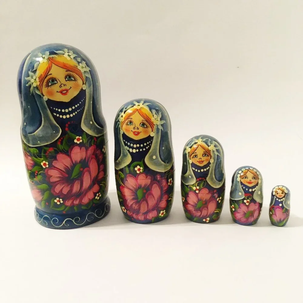 5 Piece Nesting Dolls Hand Painted Wood Flowers Vintage Collectible 7.5